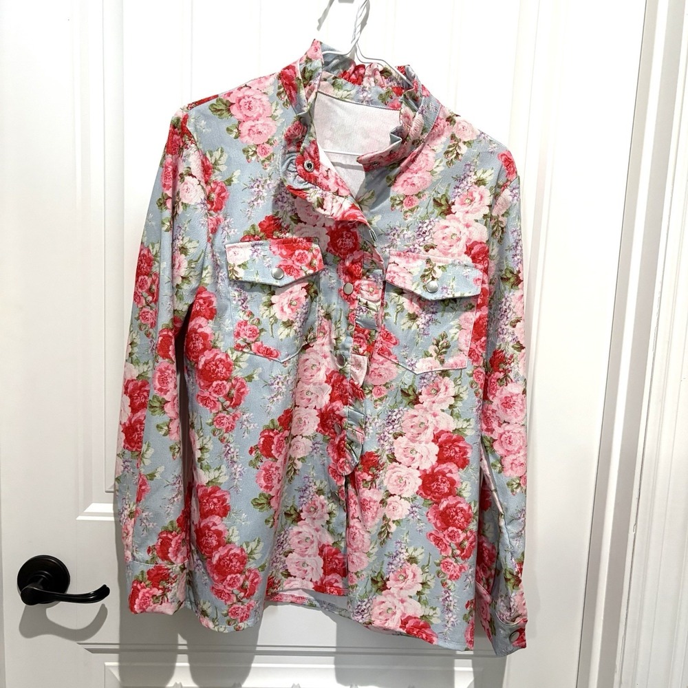 NWOT Cherry‎ Betty Size Ruffled Corduroy Shirt/Jacket Pink/Blue Floral L/Xl